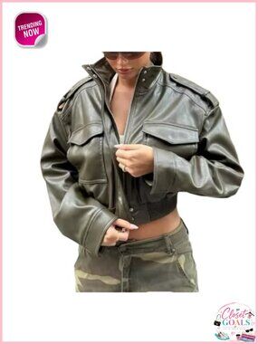 Faux Leather Cropped Moto Jacket Stand Collar Zip Snap Pockets